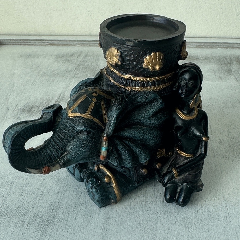 Elephant Candle Holder Trunk Up W Lady for luck in the house Black Blue